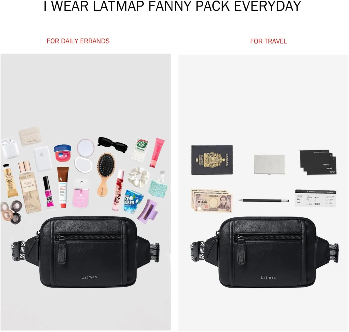 3L TRIPLE ZIP Fanny Packs Belt Bag For Women Men Crossbody Waist Pack Sling Chest Bum Travel Bag Purse Faux Leather Fashion Cute Black