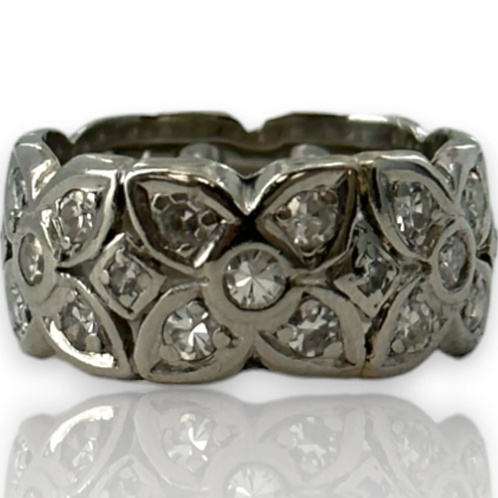 Antique Handmade 1920s Art Deco Solid 900 Platinum Bezel Set Single Cut Diamond Floral Eternity 8.3mm Band Size 5 Ring