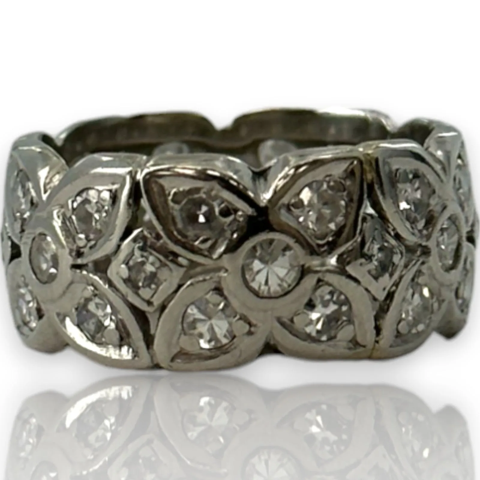 Antique Handmade 1920s Art Deco Solid 900 Platinum Bezel Set Single Cut Diamond Floral Eternity 8.3mm Band Size 5 Ring
