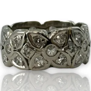 Antique Handmade 1920s Art Deco Solid 900 Platinum Bezel Set Single Cut Diamond Floral Eternity 8.3mm Band Size 5 Ring