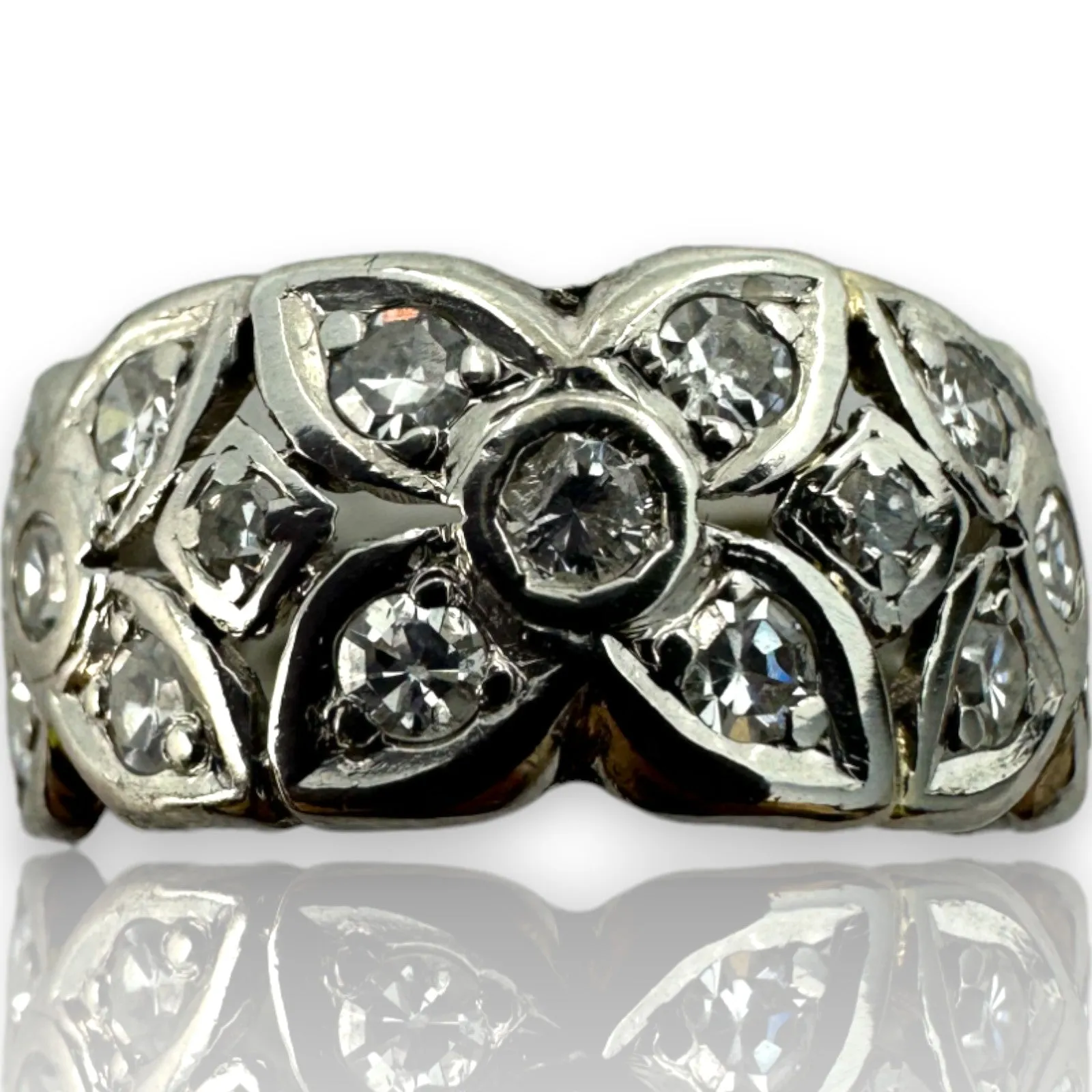 Antique Handmade 1920s Art Deco Solid 900 Platinum Bezel Set Single Cut Diamond Floral Eternity 8.3mm Band Size 5 Ring