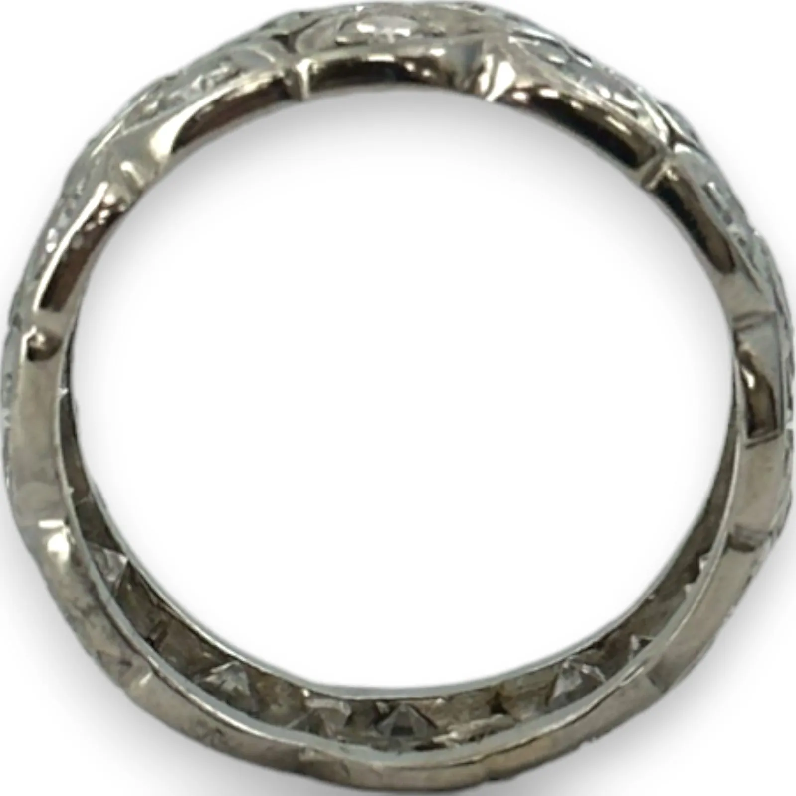 Antique Handmade 1920s Art Deco Solid 900 Platinum Bezel Set Single Cut Diamond Floral Eternity 8.3mm Band Size 5 Ring