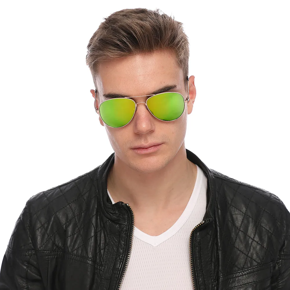 Aviator Sunglasses Classic - Non-Polarized - Gold Frame - Green/Lime Mirror