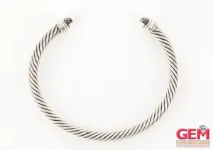David Yurman 925 Sterling Silver Cable Classics 5mm Cuff Bracelet Black Diamonds