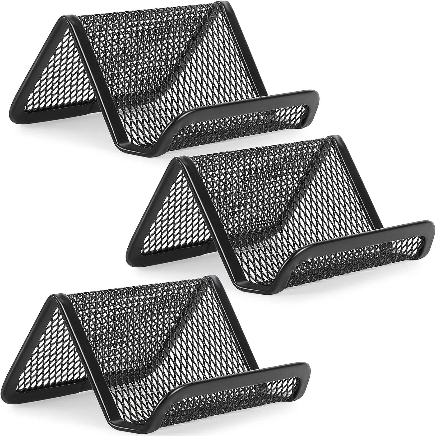 MaxGear Metal Mesh Business Card Holder 3 Pack, Heavy Duty Desk Desktop Organizer, Modern Grid Card Stand Display for Men Holds 50 Cards, Black, Office Accessories