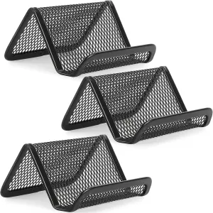 MaxGear Metal Mesh Business Card Holder 3 Pack, Heavy Duty Desk Desktop Organizer, Modern Grid Card Stand Display for Men Holds 50 Cards, Black, Office Accessories