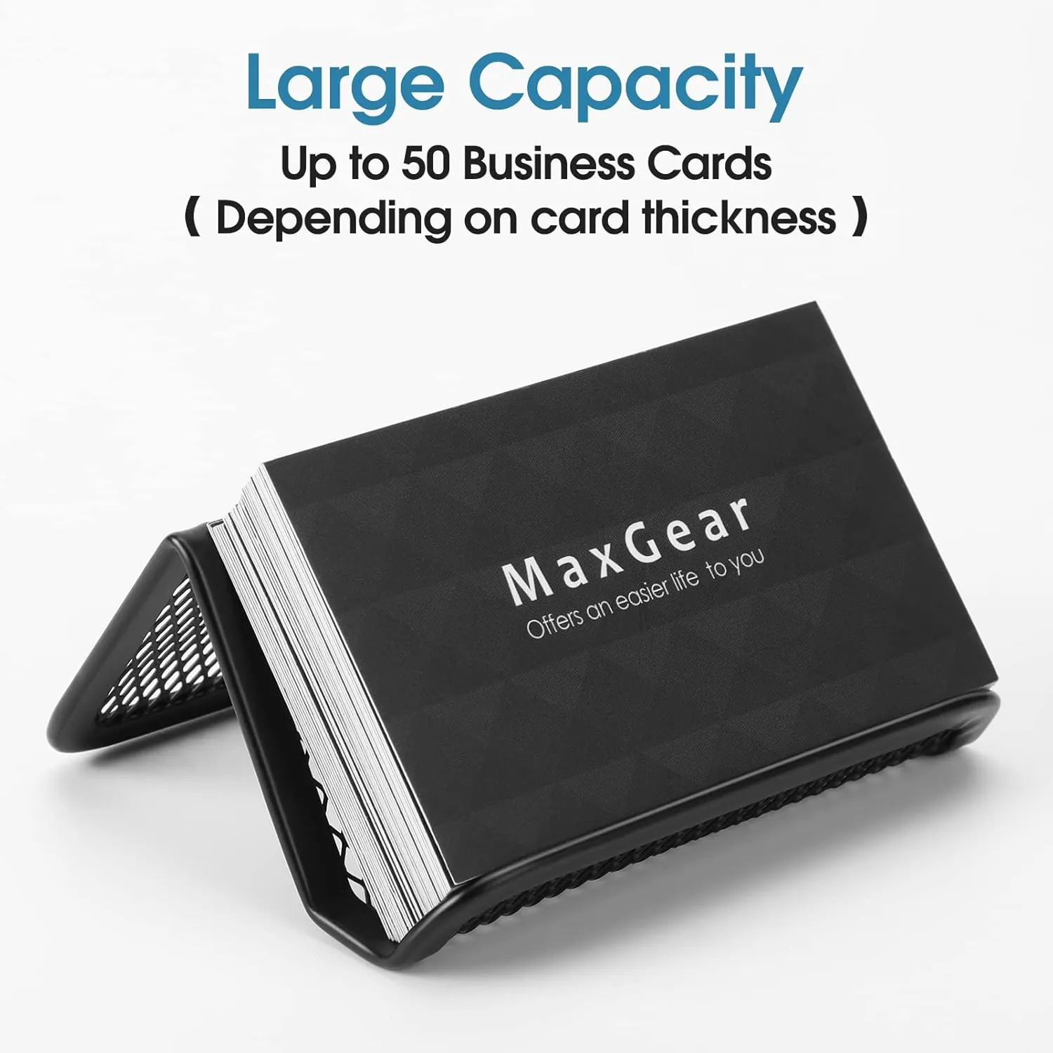 MaxGear Metal Mesh Business Card Holder 3 Pack, Heavy Duty Desk Desktop Organizer, Modern Grid Card Stand Display for Men Holds 50 Cards, Black, Office Accessories