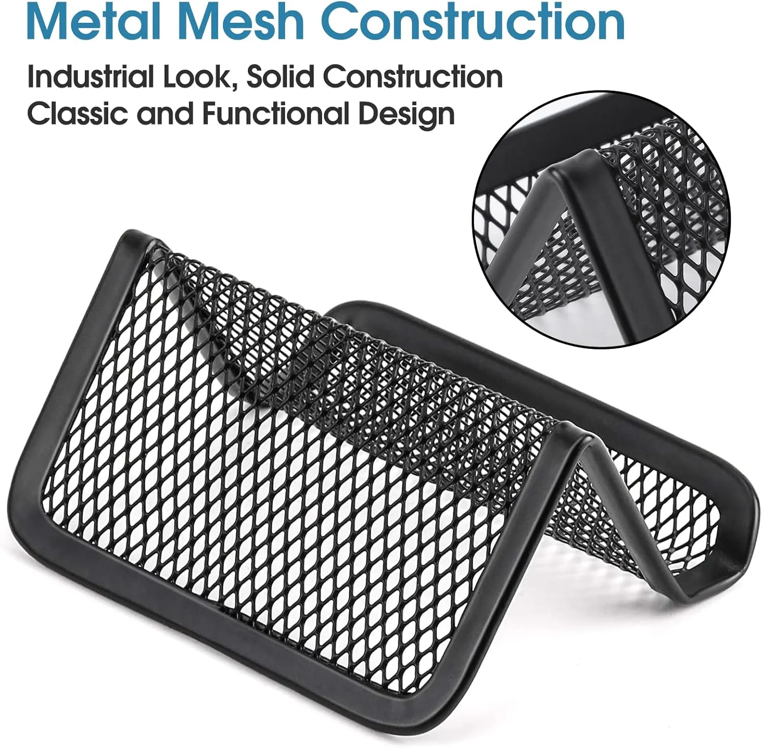 MaxGear Metal Mesh Business Card Holder 3 Pack, Heavy Duty Desk Desktop Organizer, Modern Grid Card Stand Display for Men Holds 50 Cards, Black, Office Accessories