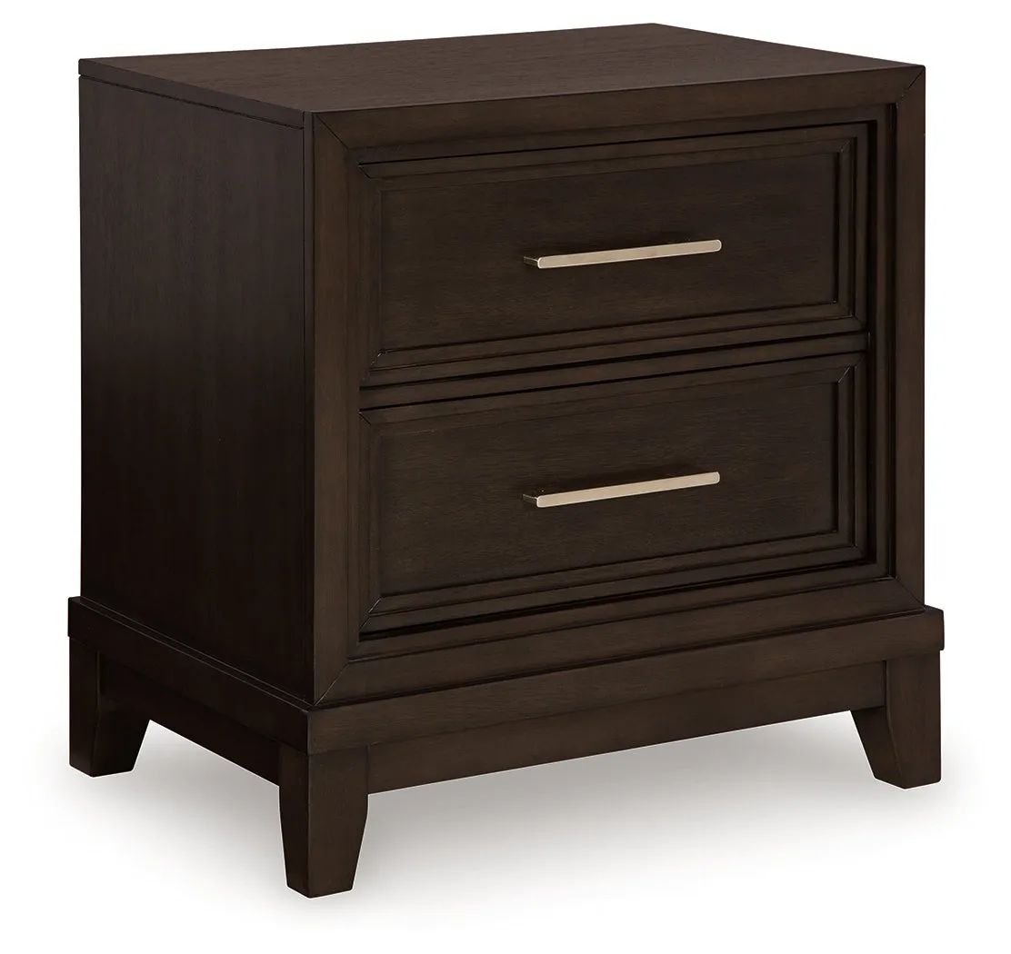 Neymorton King Upholstered Panel Bed with Mirrored Dresser and 2 Nightstands in Dark Grayish Brown