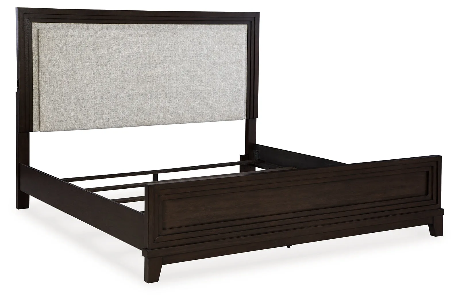Neymorton King Upholstered Panel Bed with Mirrored Dresser and 2 Nightstands in Dark Grayish Brown