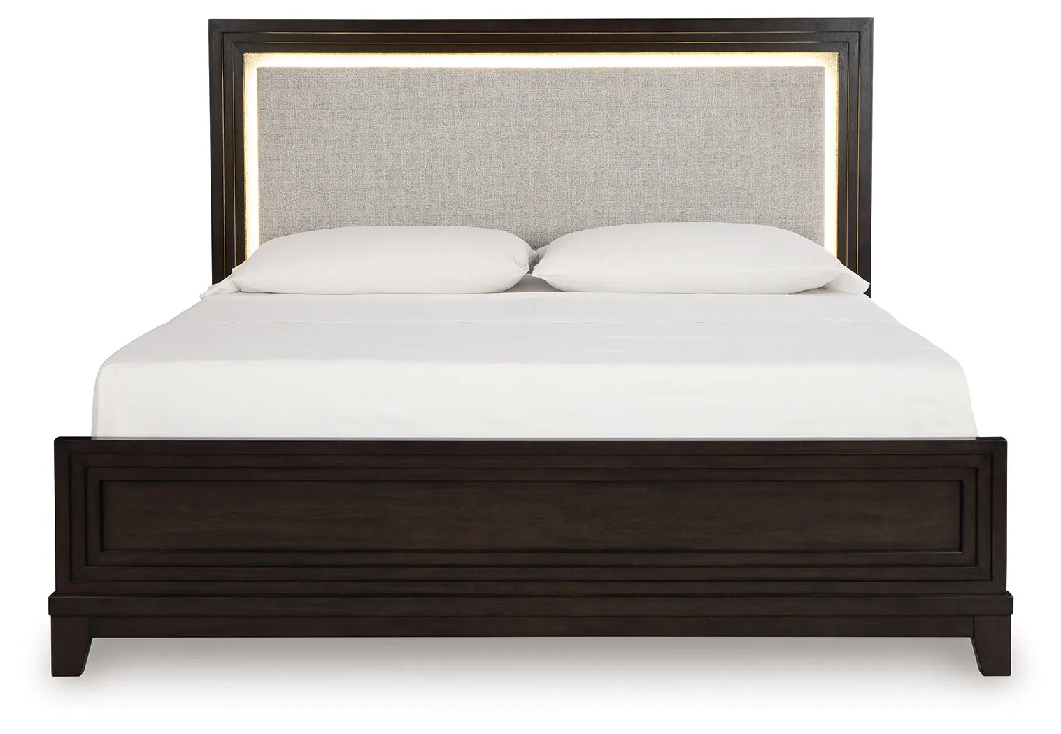 Neymorton King Upholstered Panel Bed with Mirrored Dresser and 2 Nightstands in Dark Grayish Brown