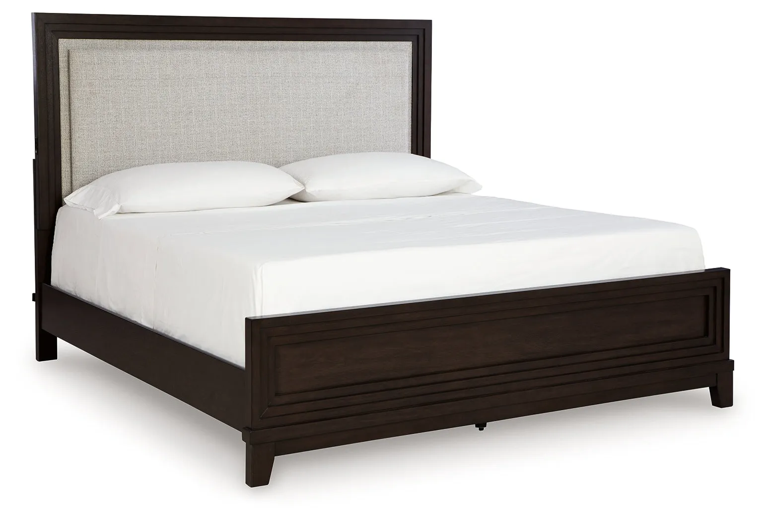 Neymorton King Upholstered Panel Bed with Mirrored Dresser and 2 Nightstands in Dark Grayish Brown