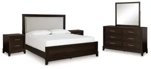 Neymorton King Upholstered Panel Bed with Mirrored Dresser and 2 Nightstands in Dark Grayish Brown