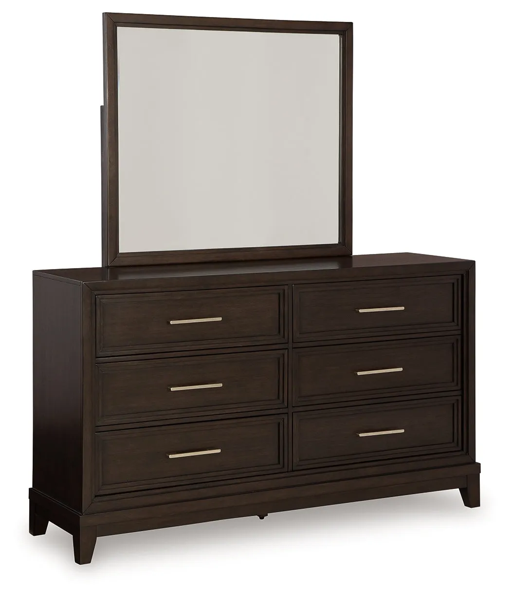 Neymorton King Upholstered Panel Bed with Mirrored Dresser and 2 Nightstands in Dark Grayish Brown