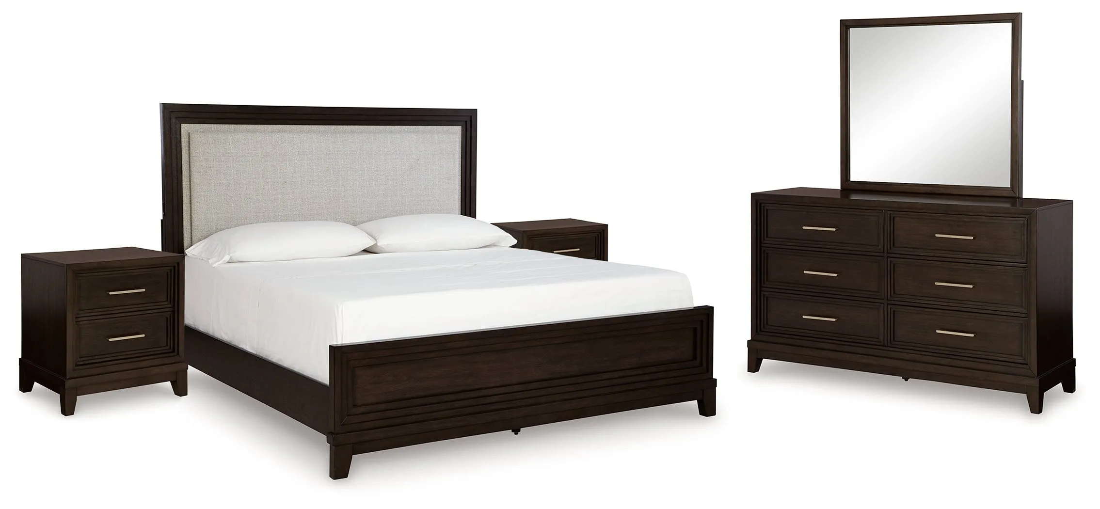 Neymorton King Upholstered Panel Bed with Mirrored Dresser and 2 Nightstands in Dark Grayish Brown