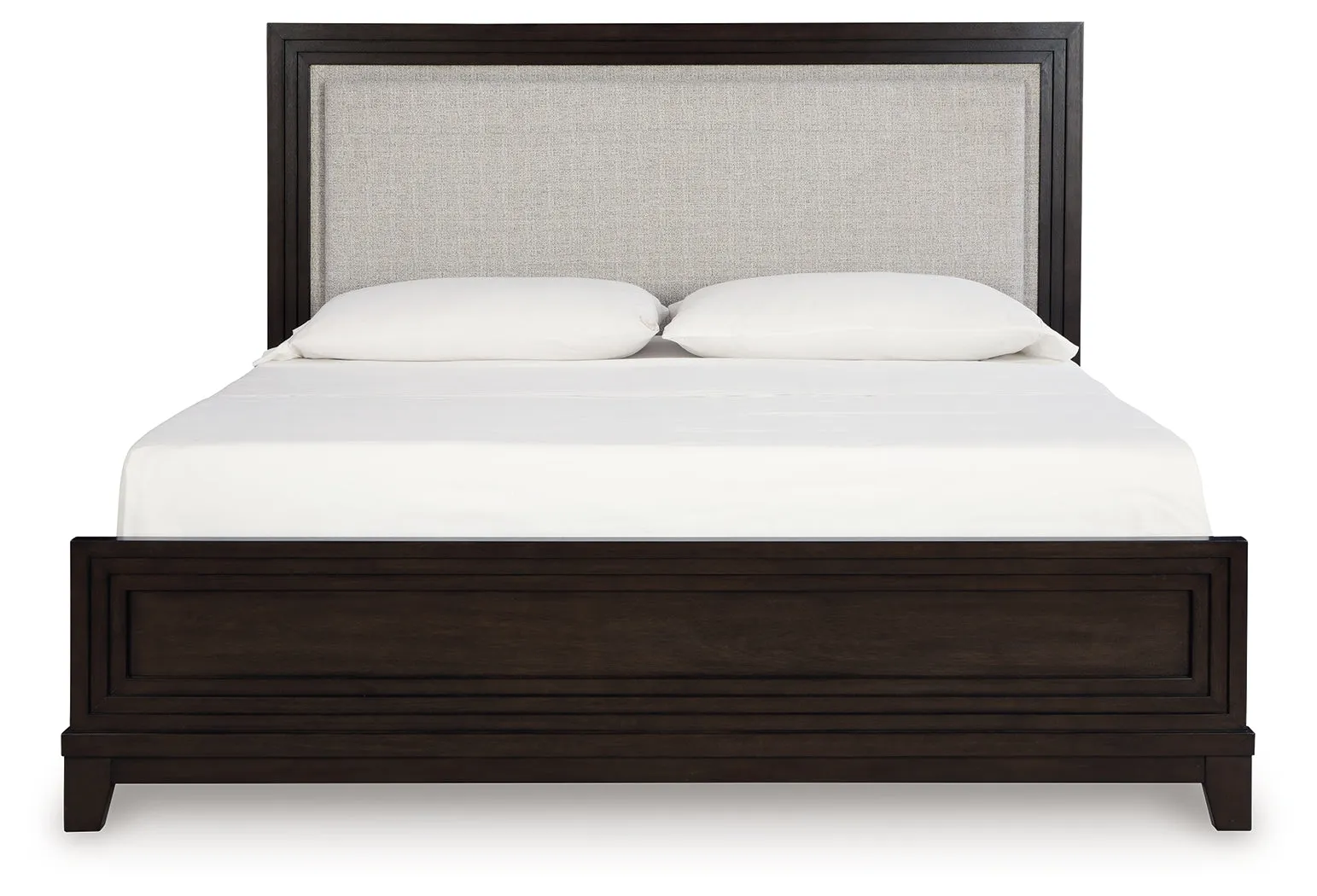 Neymorton King Upholstered Panel Bed with Mirrored Dresser and 2 Nightstands in Dark Grayish Brown