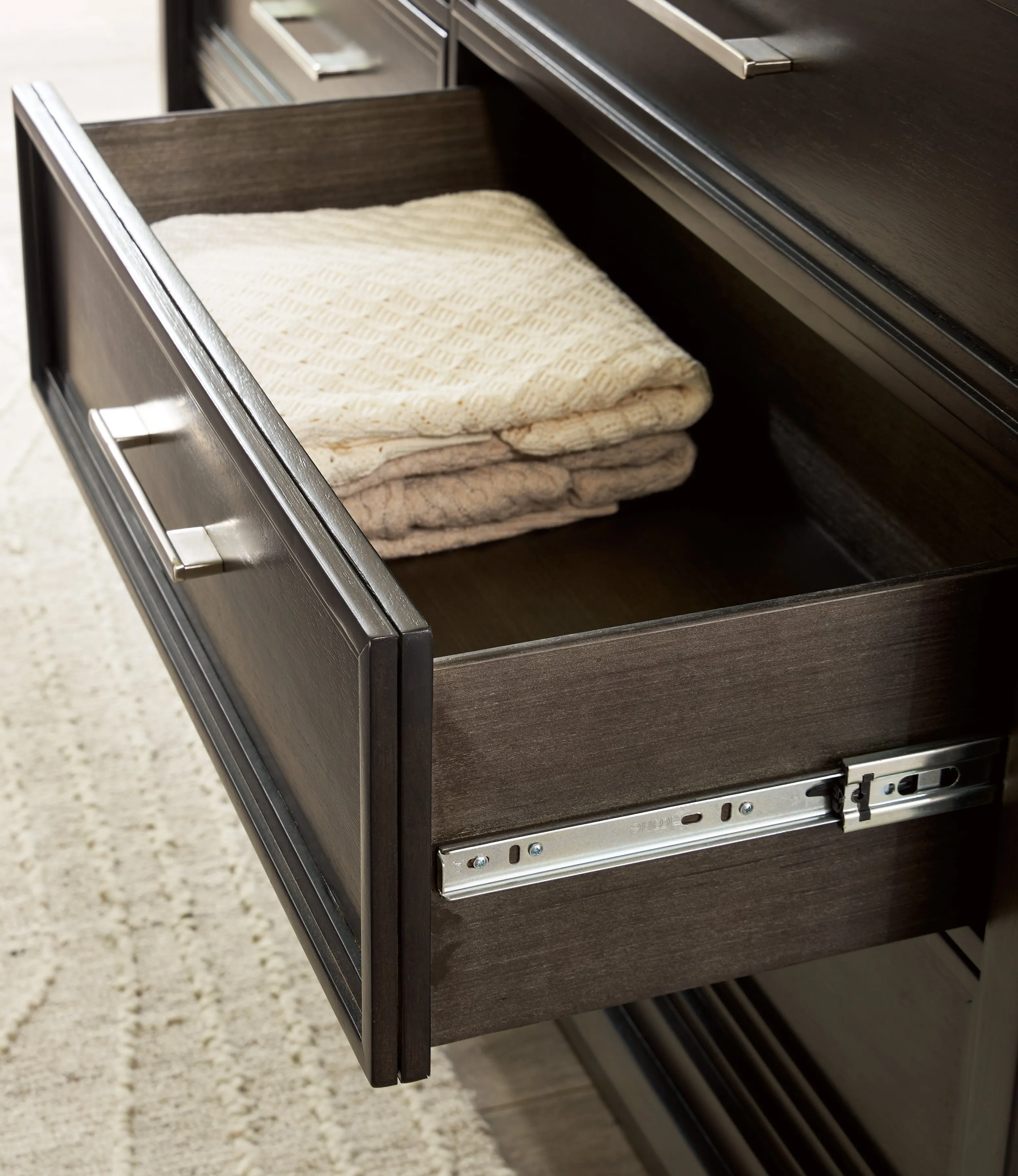 Neymorton King Upholstered Panel Bed with Mirrored Dresser and 2 Nightstands in Dark Grayish Brown