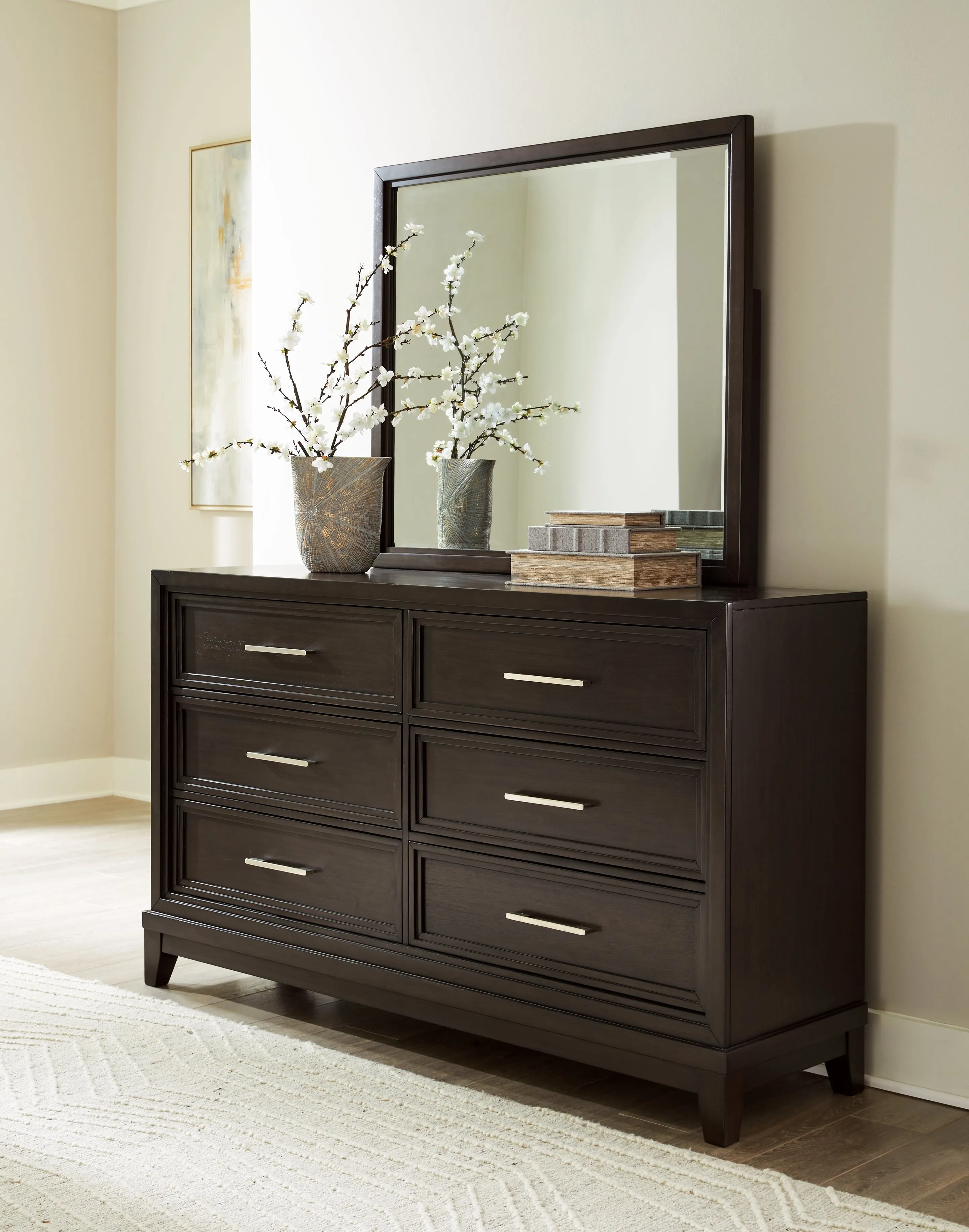 Neymorton King Upholstered Panel Bed with Mirrored Dresser and 2 Nightstands in Dark Grayish Brown