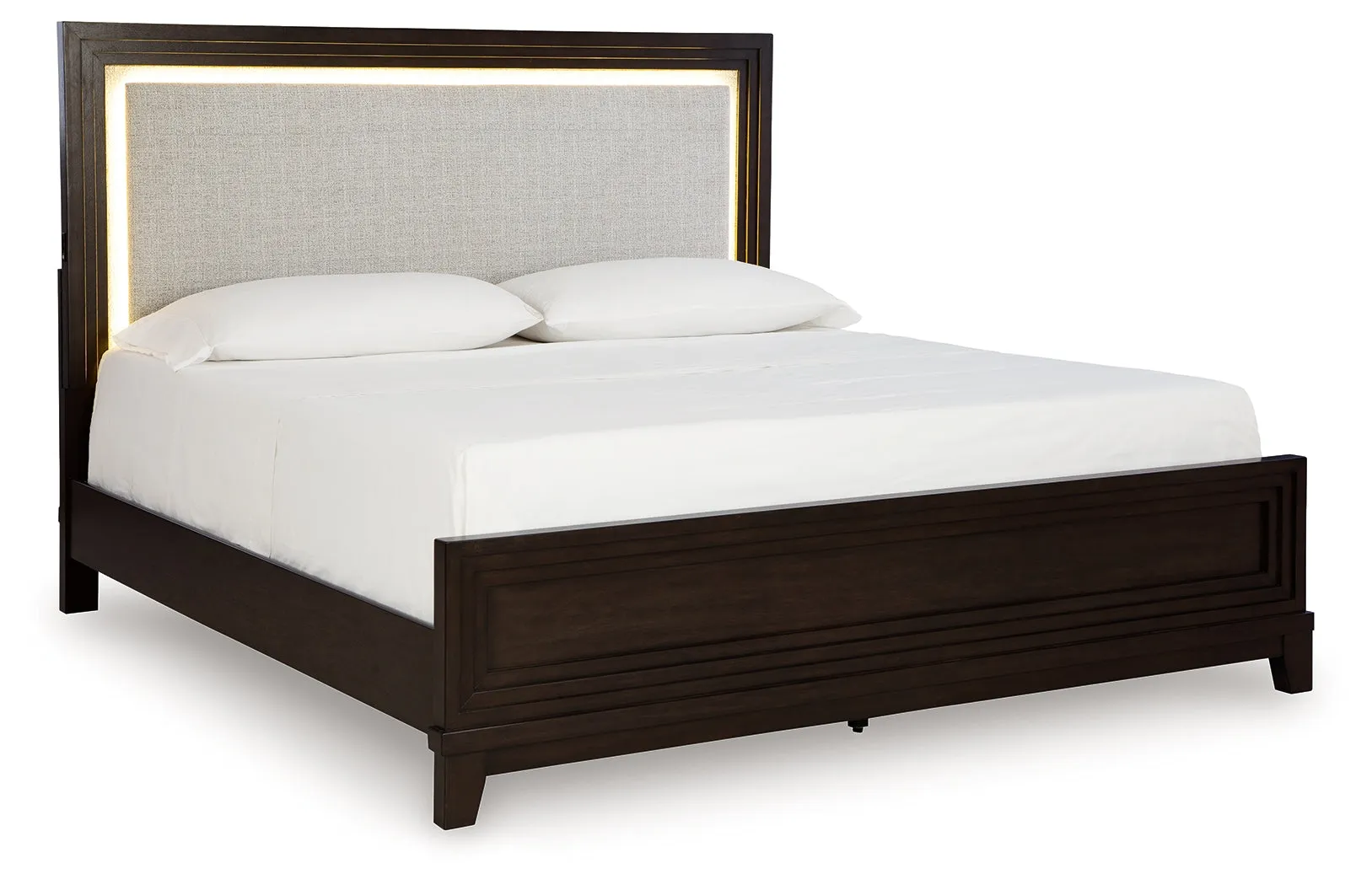 Neymorton King Upholstered Panel Bed with Mirrored Dresser and 2 Nightstands in Dark Grayish Brown