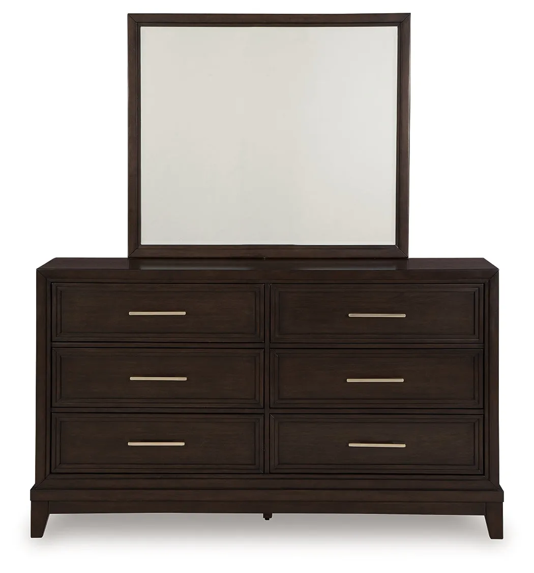 Neymorton King Upholstered Panel Bed with Mirrored Dresser and 2 Nightstands in Dark Grayish Brown