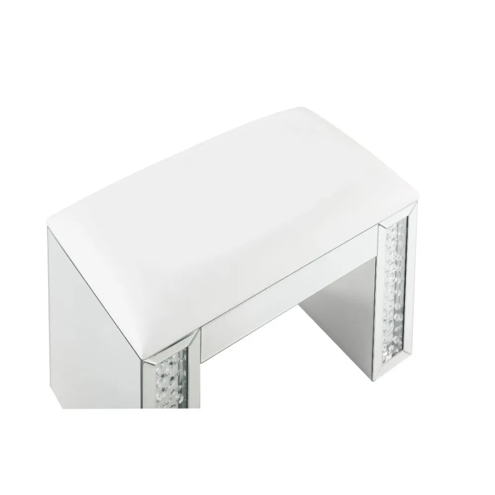 Nysa - Vanity Stool - Ivory PU, Mirrored & Faux Crystals