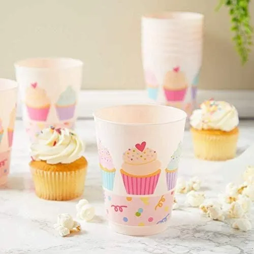Pink Plastic Tumbler Cups, Cupcake Party Decorations (16 oz, 16 Pack)