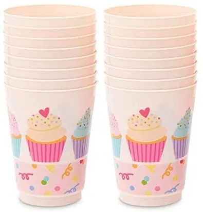 Pink Plastic Tumbler Cups, Cupcake Party Decorations (16 oz, 16 Pack)