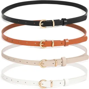 WHIPPY Set of 4Women Skinny Leather Belt Thin Waist Belt with Metal Buckle for Pants Jeans Dresses