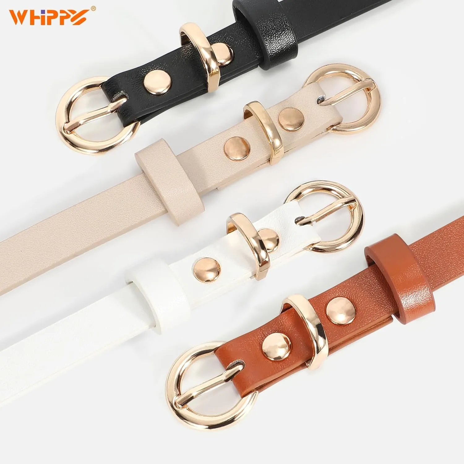 WHIPPY Set of 4Women Skinny Leather Belt Thin Waist Belt with Metal Buckle for Pants Jeans Dresses