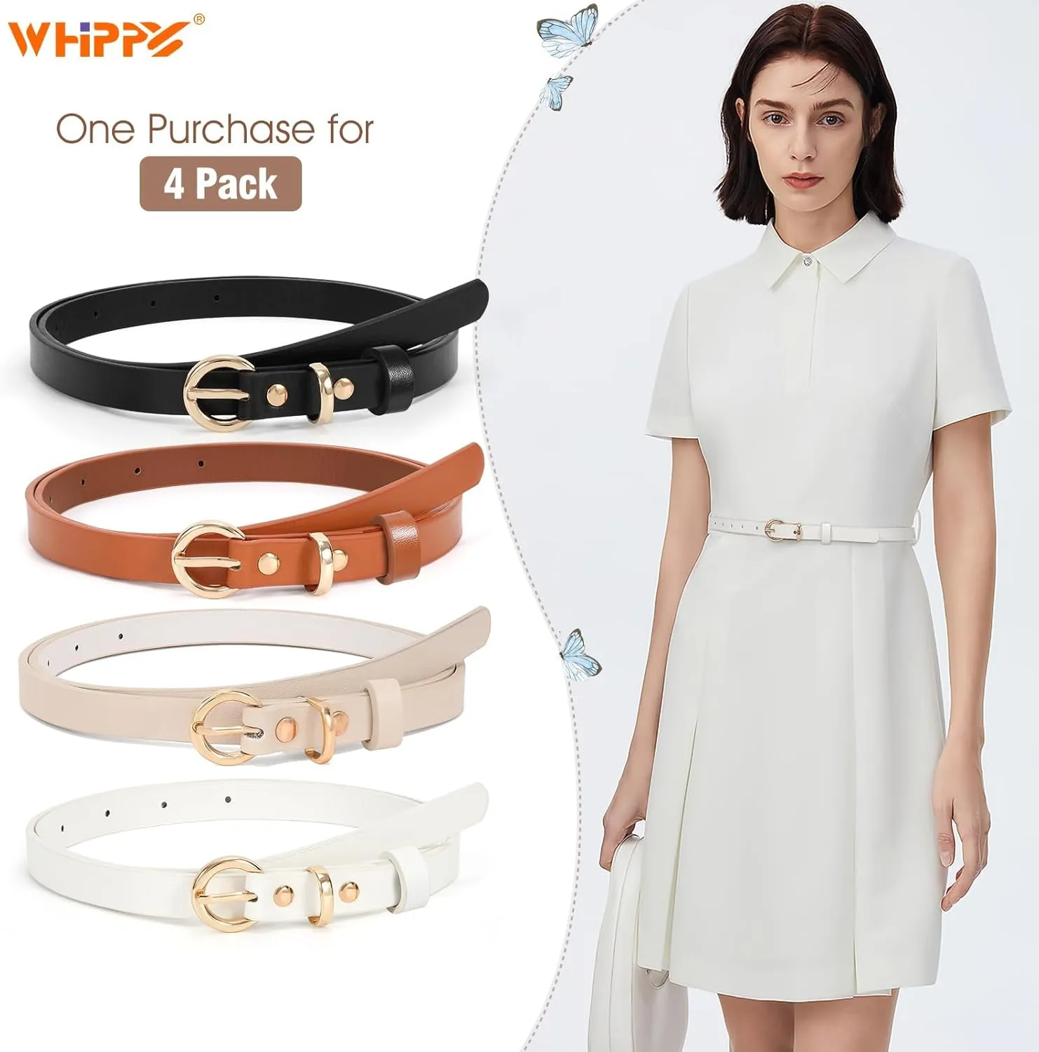 WHIPPY Set of 4Women Skinny Leather Belt Thin Waist Belt with Metal Buckle for Pants Jeans Dresses