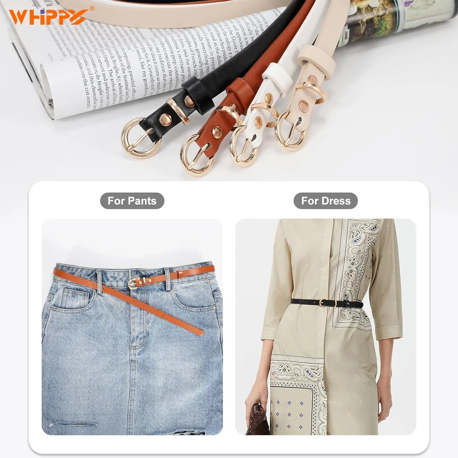WHIPPY Set of 4Women Skinny Leather Belt Thin Waist Belt with Metal Buckle for Pants Jeans Dresses